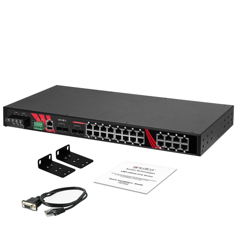 28-Port Industrial Managed PoE+ Switch, 4 x SFP+, erw. Temperaturbereich