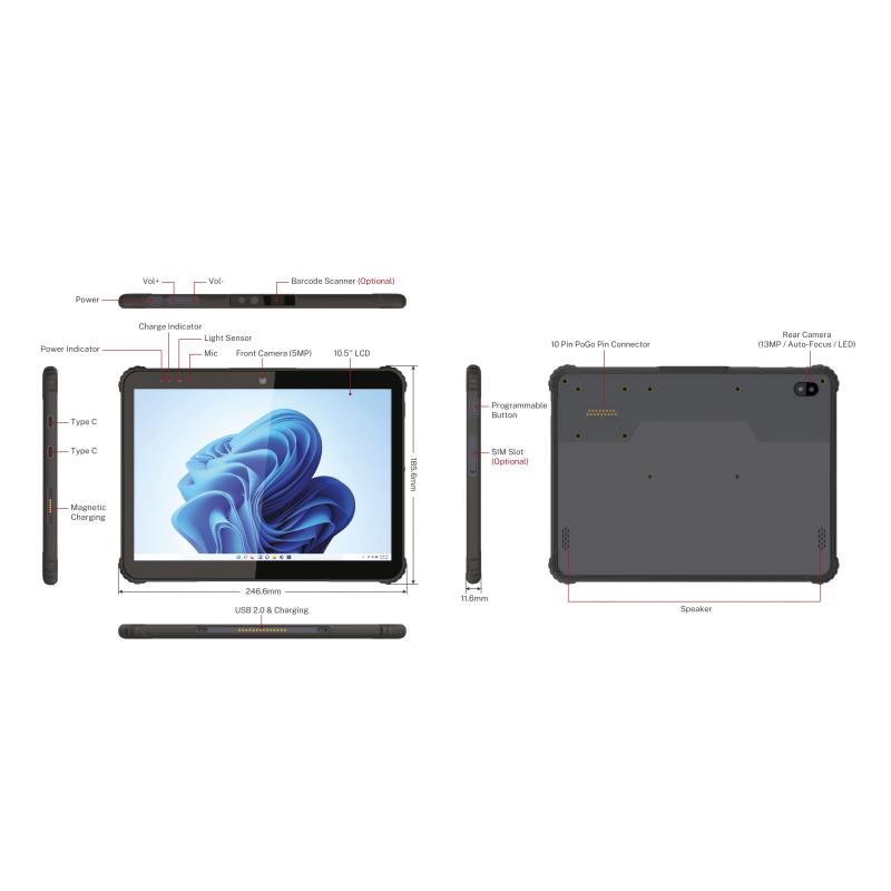 MW-100 Rugged Tablet, 10.5" Industrie Tablet, IP66, Intel Alder Lake N200, inkl. 1D/2D Scanner, 16GB